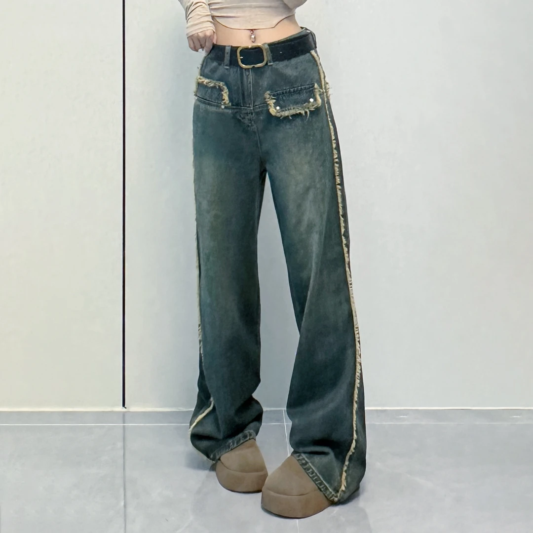 2026春款直筒阔腿裤女假口袋毛边设计感宽松显瘦牛仔长裤Y5002