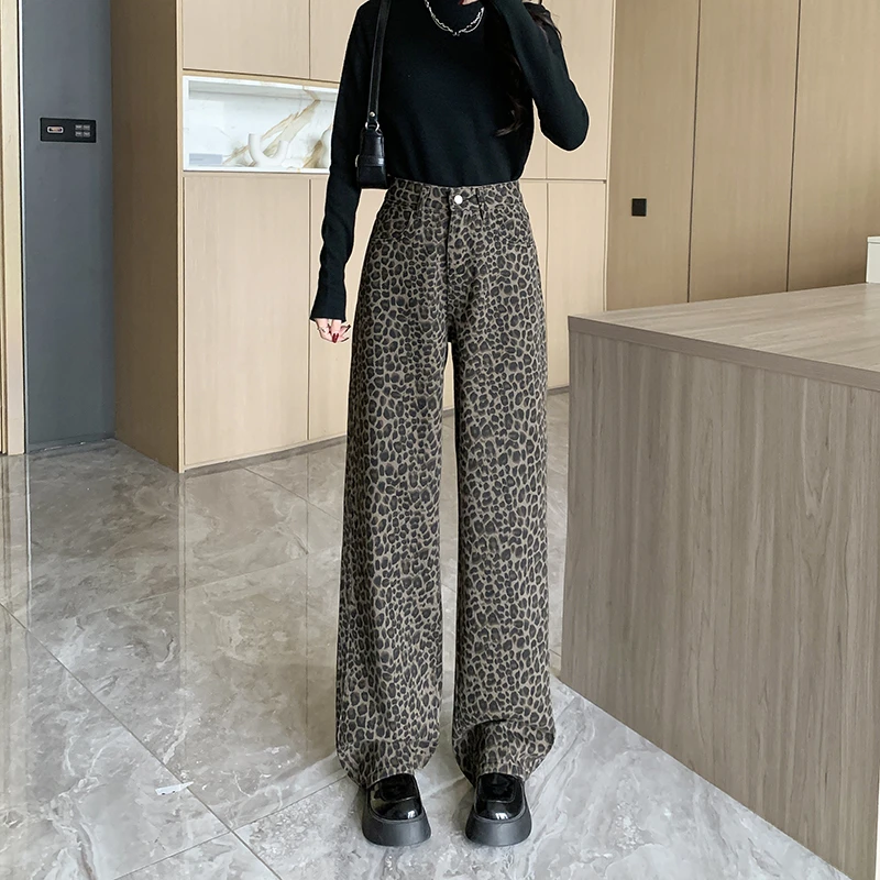 2025春款美式复古豹纹直筒牛仔裤女街头风辣妹显瘦拖地裤Y2387