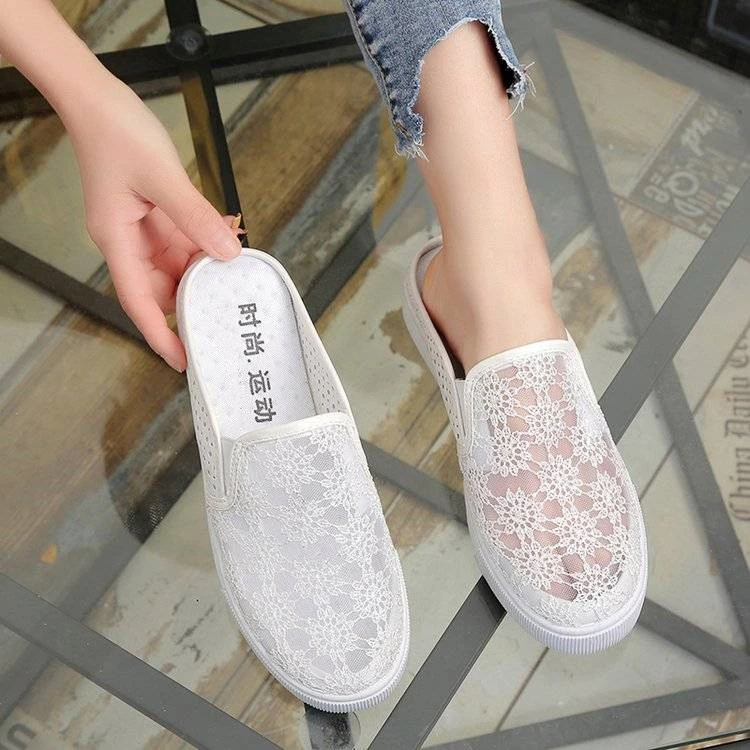 夏季小白鞋女网面防滑韩版无后跟懒人半拖鞋女包头凉拖鞋女平底