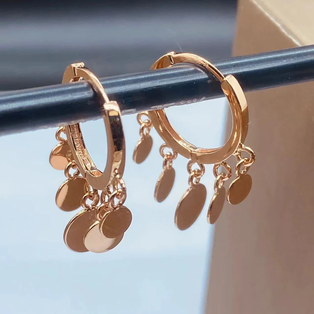 18K金彩金亮片耳饰圆片流苏玫瑰金耳扣轻奢气质时尚小众百搭 长款