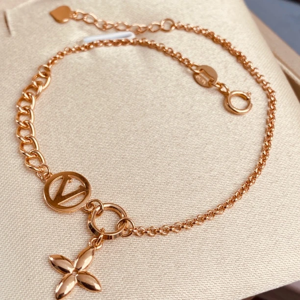 18k手链女款玫瑰金色老花彩金幸运花真金不掉色礼物V字  时尚百搭