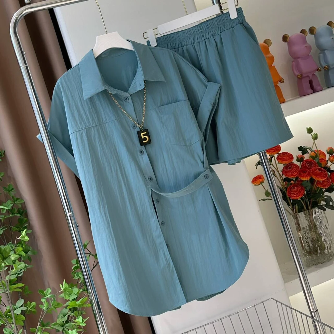青春活力0111#夏季宽松显瘦休闲洋气减龄翻领衬衫百搭短裤