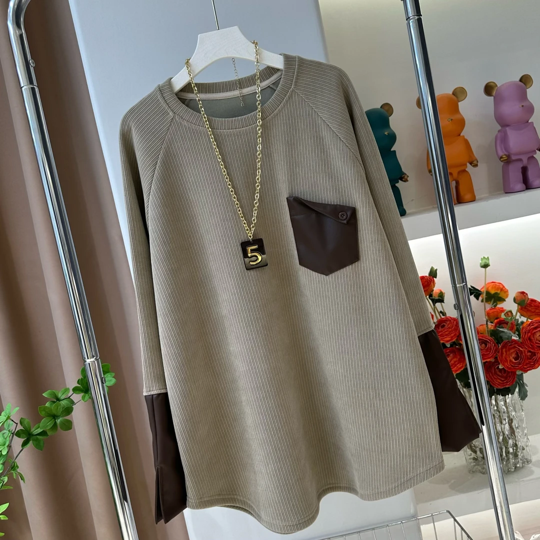 0264拼接皮质袖口长袖上衣秋冬气质百搭休闲宽松显瘦打底长袖T恤