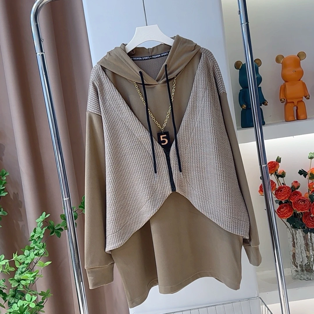 【现货】0257假两件连帽长袖上衣宽松显瘦中长款休闲百搭时尚卫衣