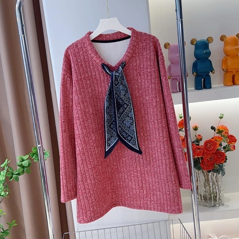 【现货】0305小香风丝巾飘带领设计加绒卫衣宽松显瘦中长款长袖上衣