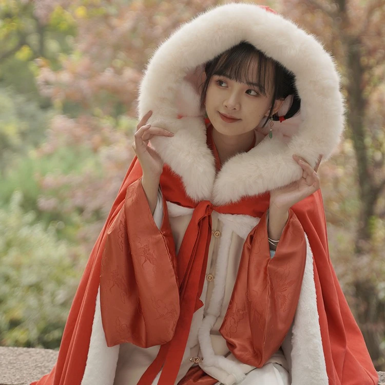 鹿鸣溪原创冬季防水保暖加绒加厚斗篷长款外套中国风白菜汉服披风