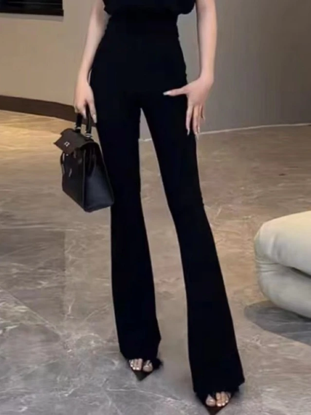 【原创】黑色冰丝2024年春季新款弹力高腰遮胯显瘦微喇阔腿裤