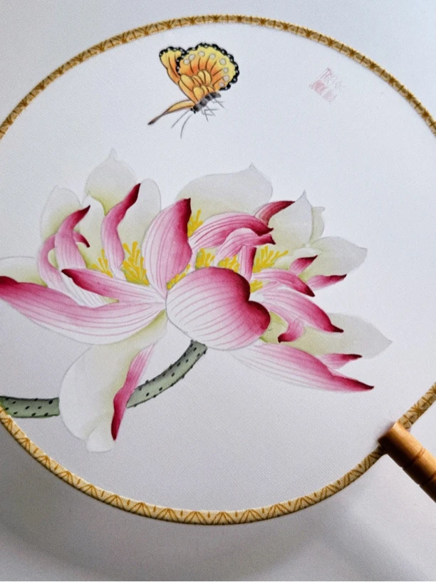 手绘国画扇子工笔画团扇荷花纯手工