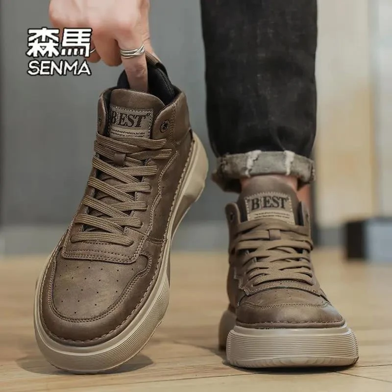 森马高帮男鞋秋冬季复古休闲皮鞋男士增高工装板鞋厚底真皮运动马