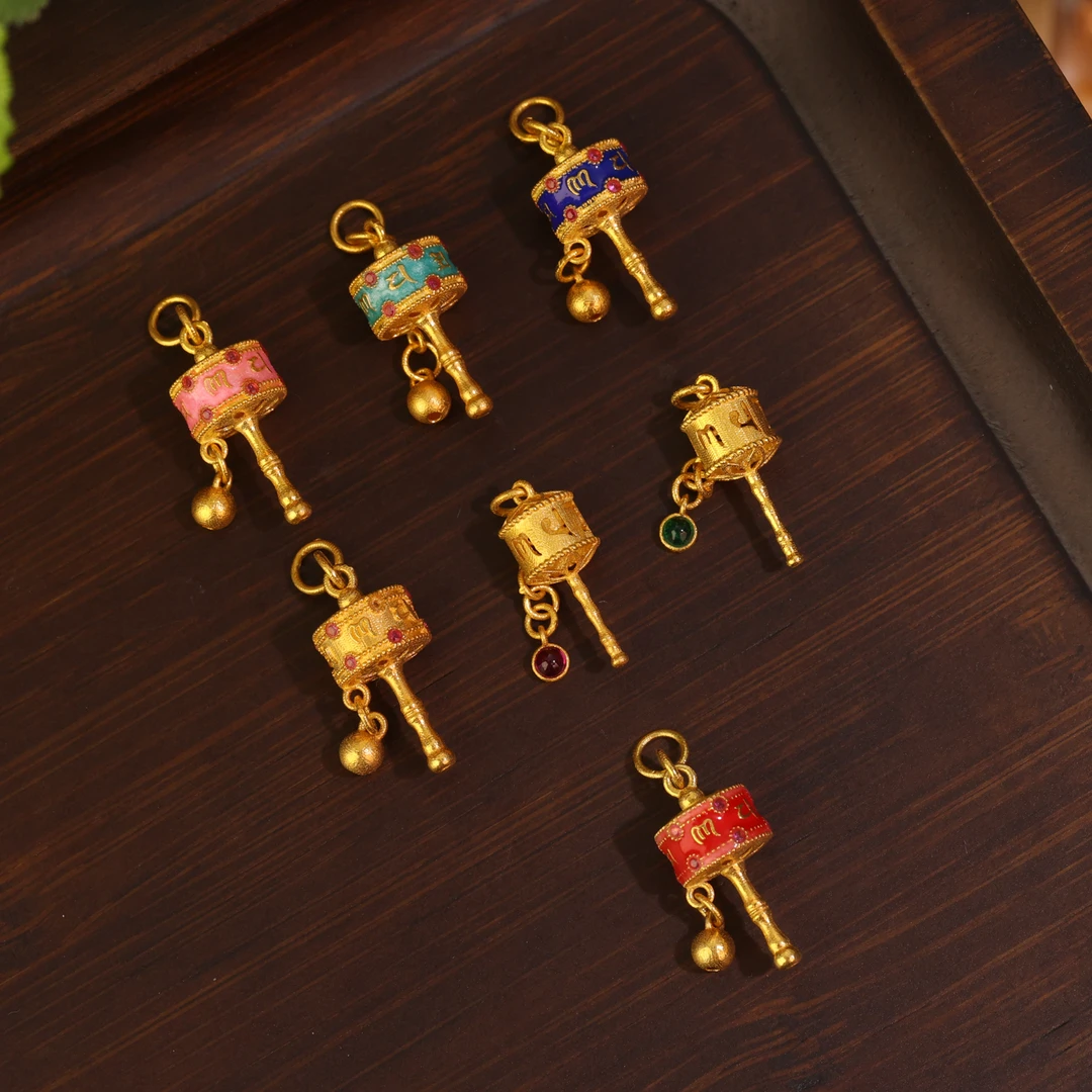 【聚金】18K金高温烧蓝六字真言转经筒滴溜挂坠吊坠配件