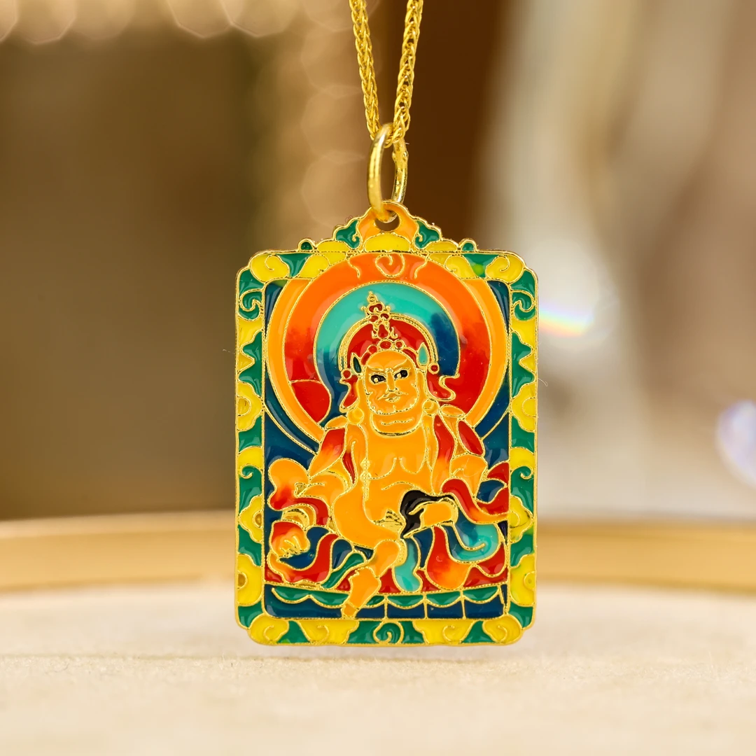 【聚金】18k金高温烧蓝黄财神吉祥八宝方牌吊坠时尚精致挂坠不含