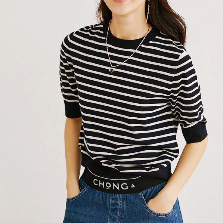 夏季女装上衣条纹中袖时尚百搭套头T恤圆领休闲短袖打底衫宽松