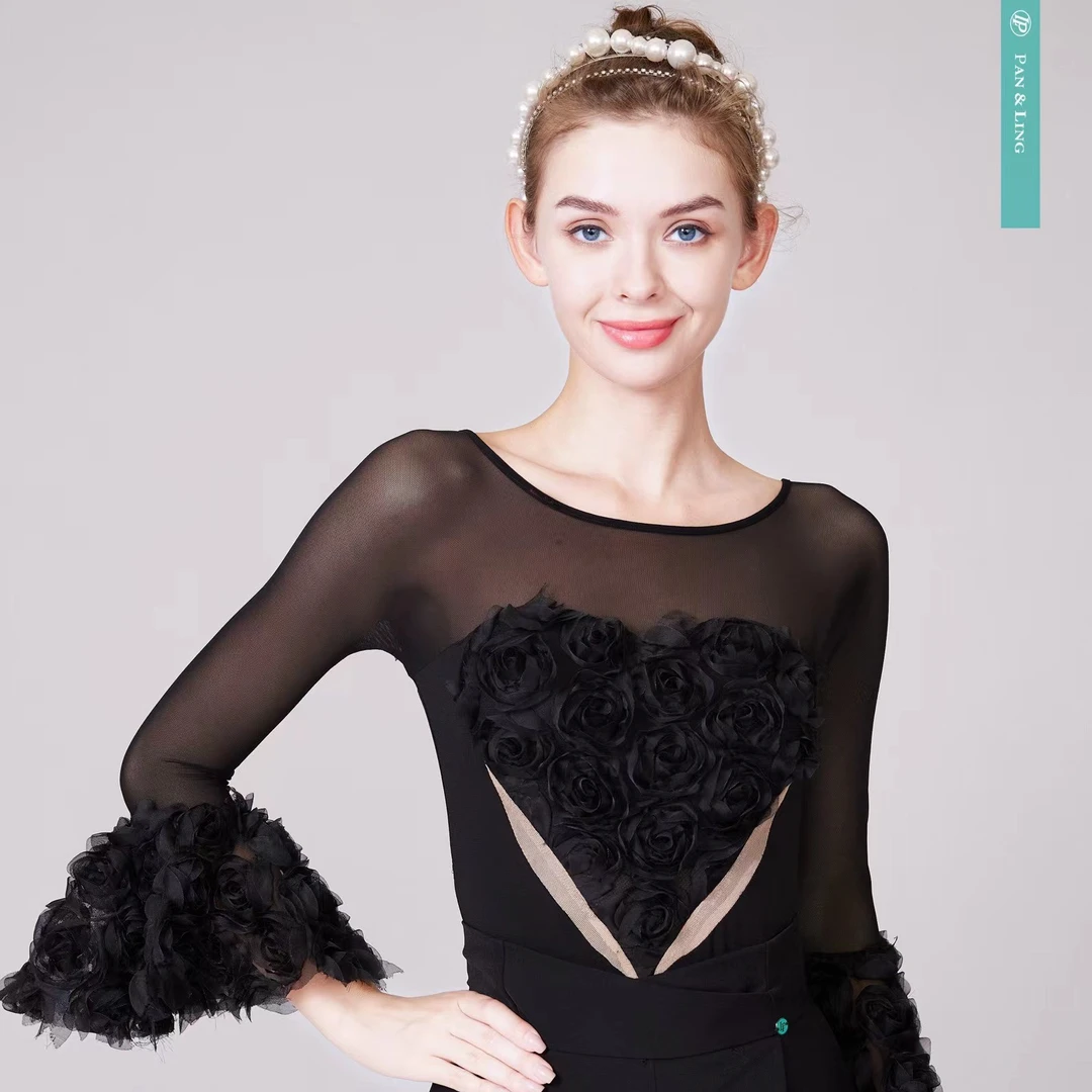 LP原创设计 -摩登舞服时尚百搭春秋女款莫奈花园胸前玫瑰上衣