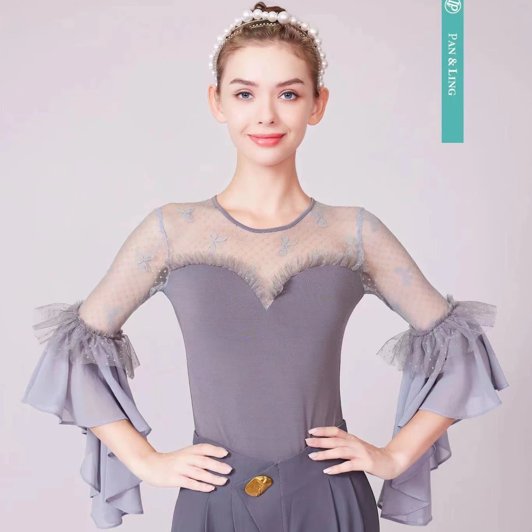 LP原创设计-夏季女装摩登舞服时尚百搭胸前透视点网上衣（七分袖）