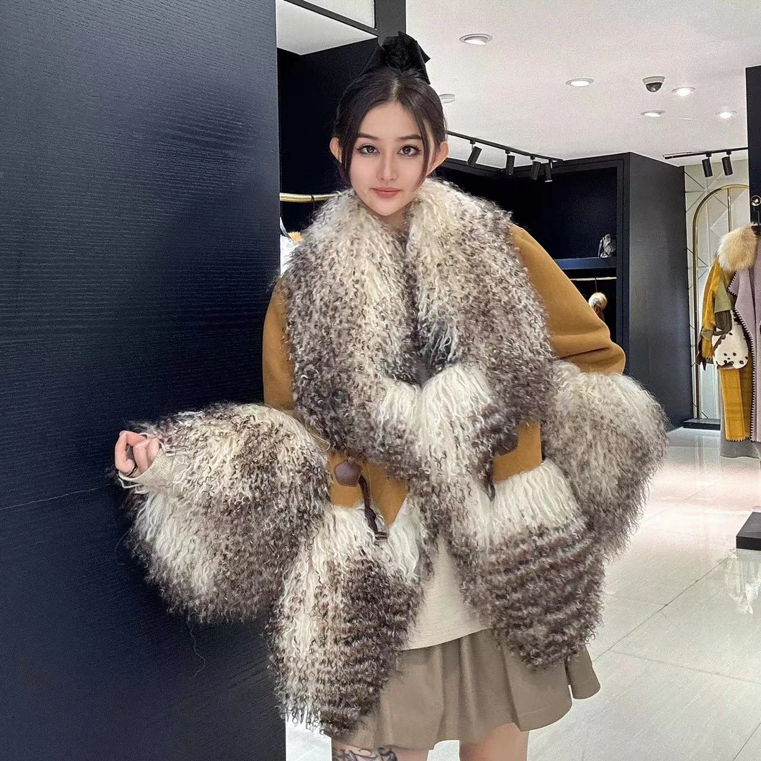 【女王优选】时尚冬季中长款设计师羊皮羊毛皮草外套9013