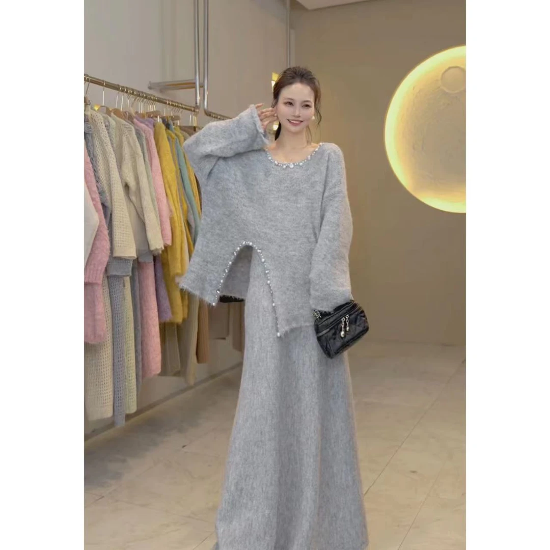 桔子甜了2024早秋新款开叉亮片钉珠显瘦时尚气质针织套装两件套