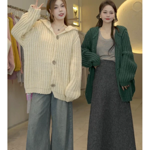 桔子甜了2024早秋新款慵懒风连帽显瘦针织时尚气质休闲百搭毛衣女