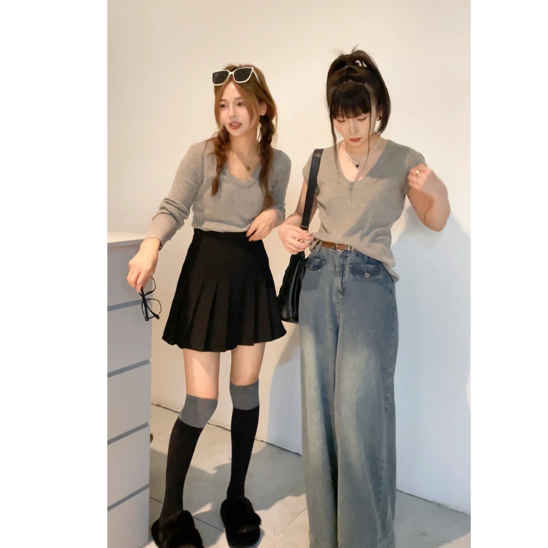【桔子甜了】2023早秋新款百搭纯色圆领显瘦时尚休闲短袖打底T恤女