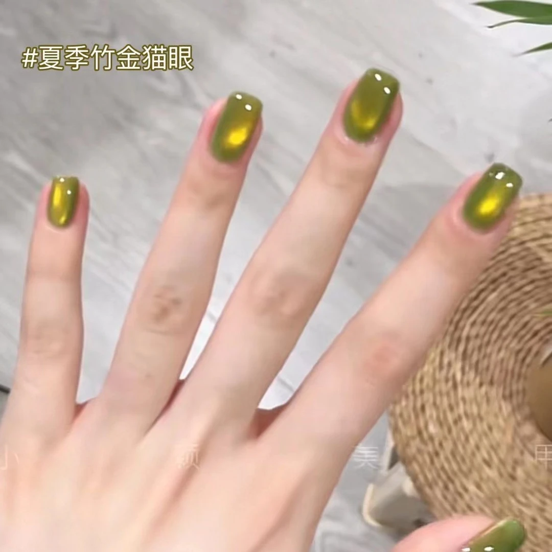 青苹果猫眼甲油胶2024年新款夏季金色竹金猫眼晶石宽猫眼美甲光疗