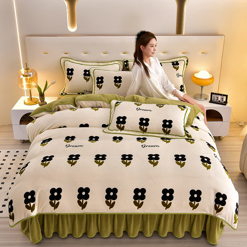 爱哩屋秋冬高克重加厚保暖牛奶绒四件套 柔软细腻 被套床上用品