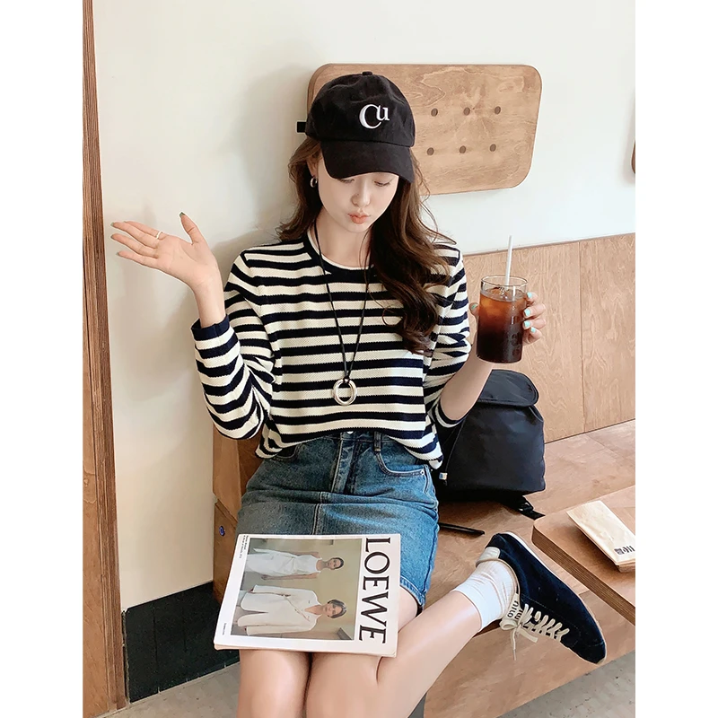 美洋MEIYANG 航海家针织衫 全棉夹条针织_撞色圆领宽松长袖上衣