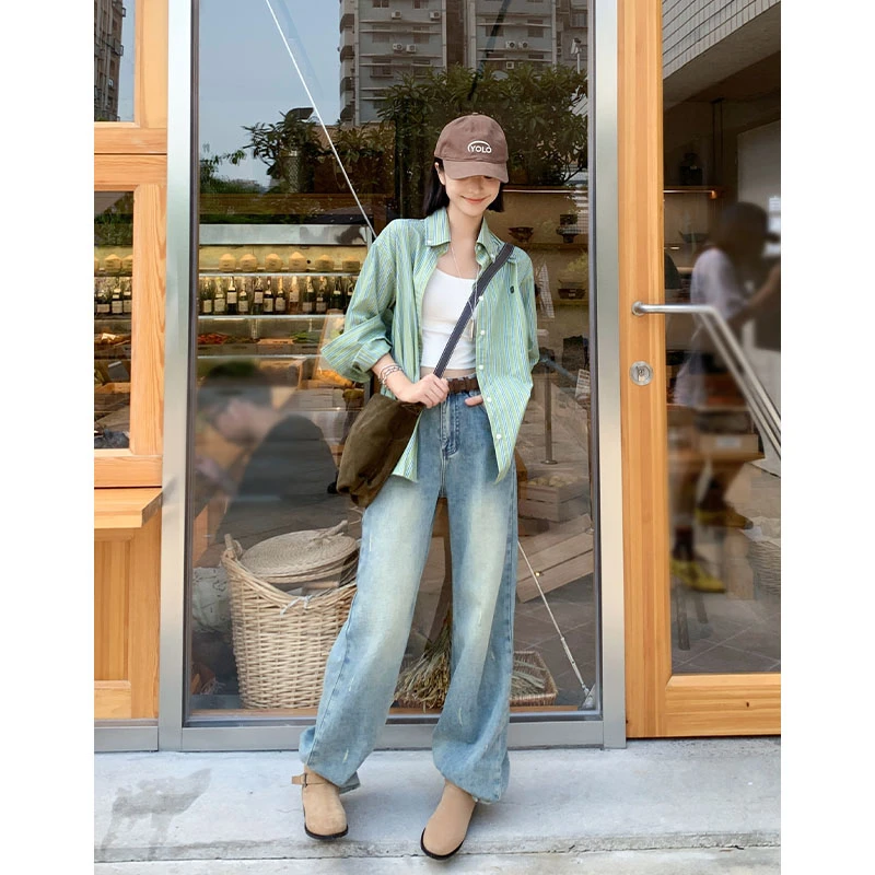 美洋MEIYANG【60系列】复古牛仔裤 磨白洗水复古宽松破洞直筒裤