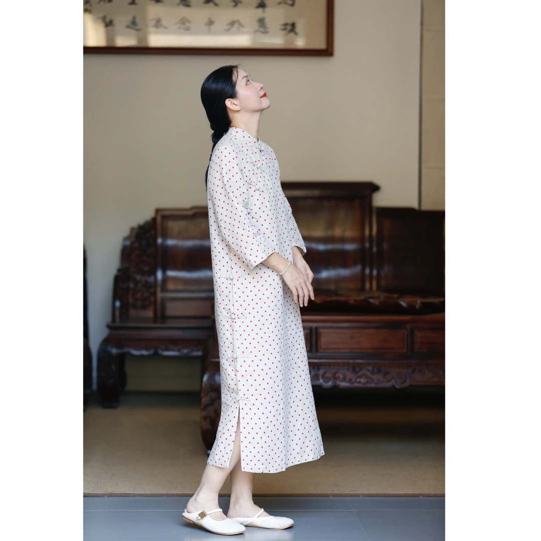 如素慢衣复古气质长袖中国风雨露麻红波点连衣裙36225