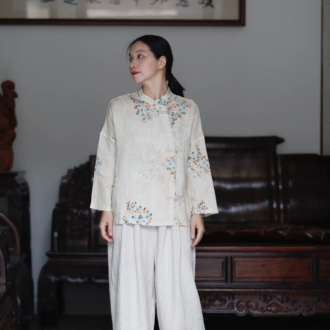 如素慢衣气质100%亚麻碎花上衣36203