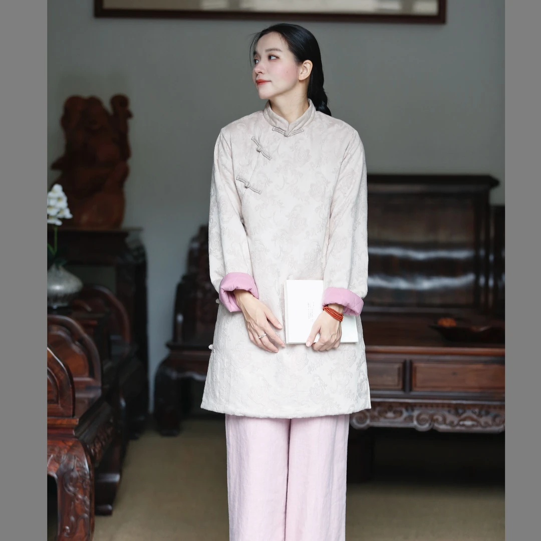如素慢衣新中式立领提花夹棉棉袄加厚改良中长款旗袍棉服36312