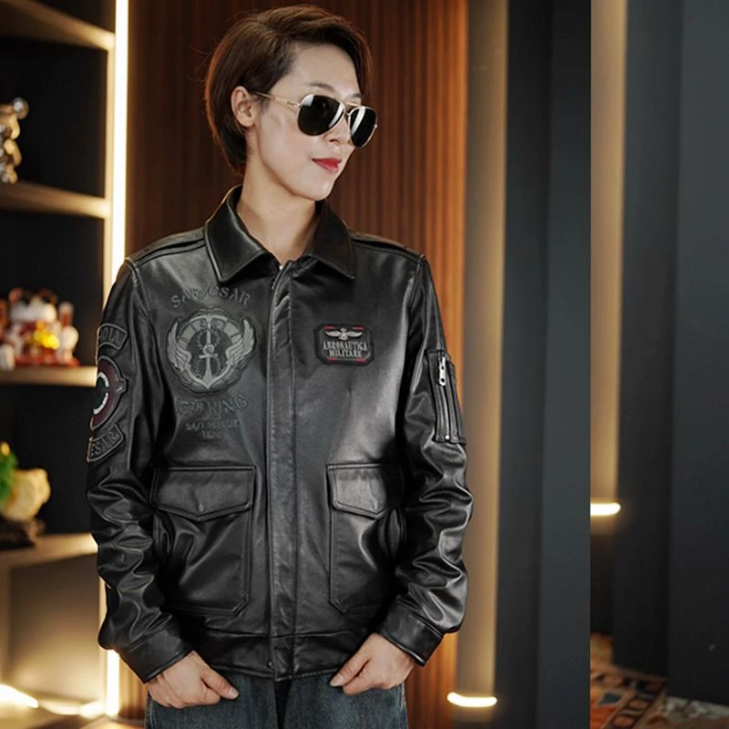 海宁真皮皮衣 高端 空军飞行服 机车服 刺绣款 皮夹克外套KN82232