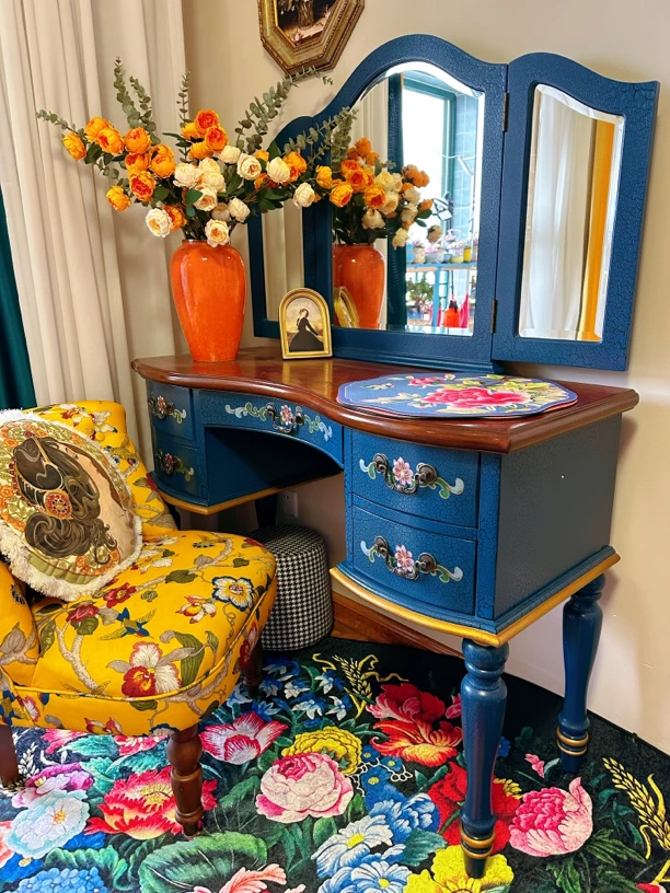 美式中式复古梳妆台冰裂纹蓝色手绘梳妆台