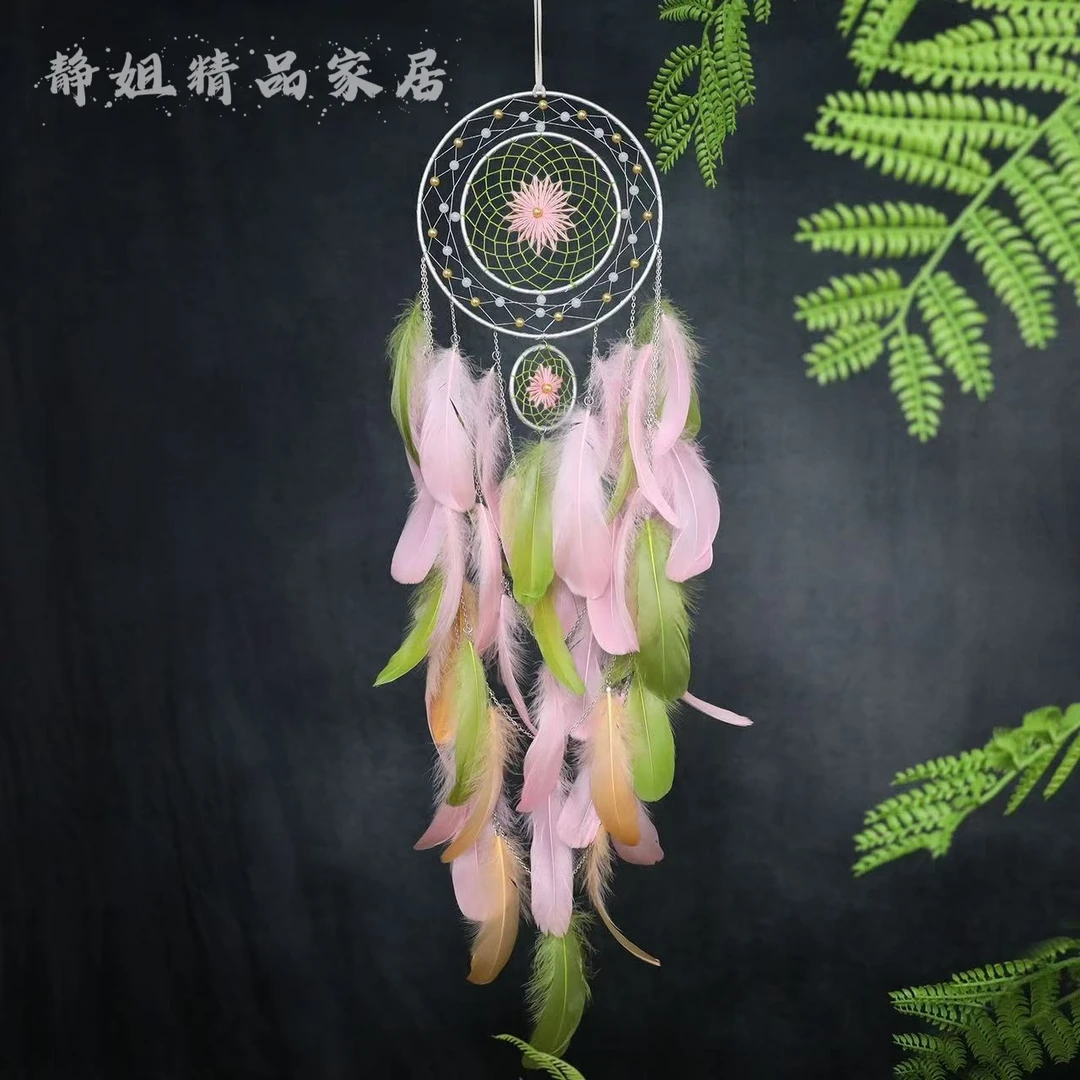 樱花烂漫翎毛藤编原创手工轻奢捕梦网挂件羽毛摆件