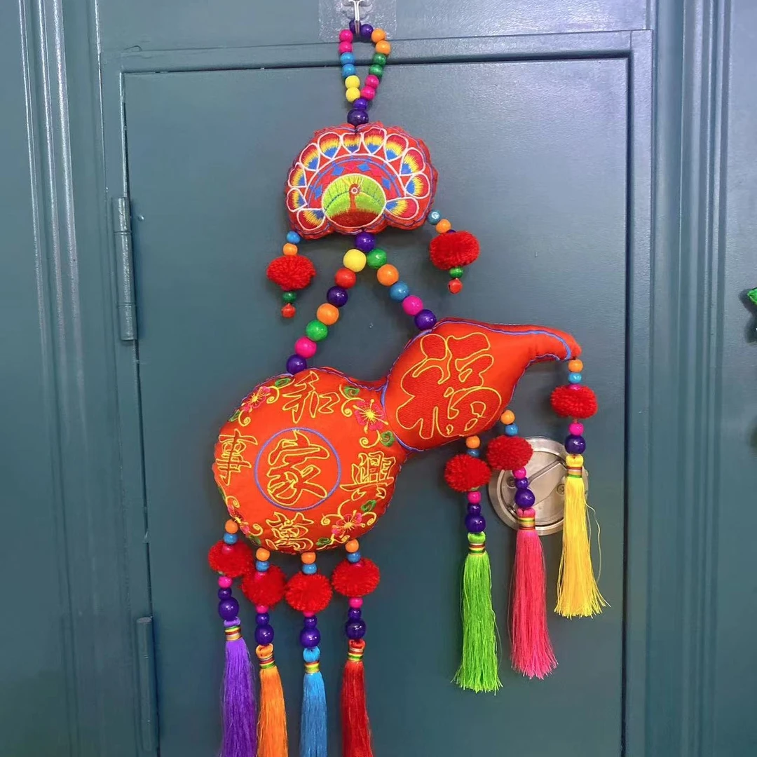 特色民族风刺绣葫芦牡丹花墙面背景墙装饰挂饰家居客厅室内挂件