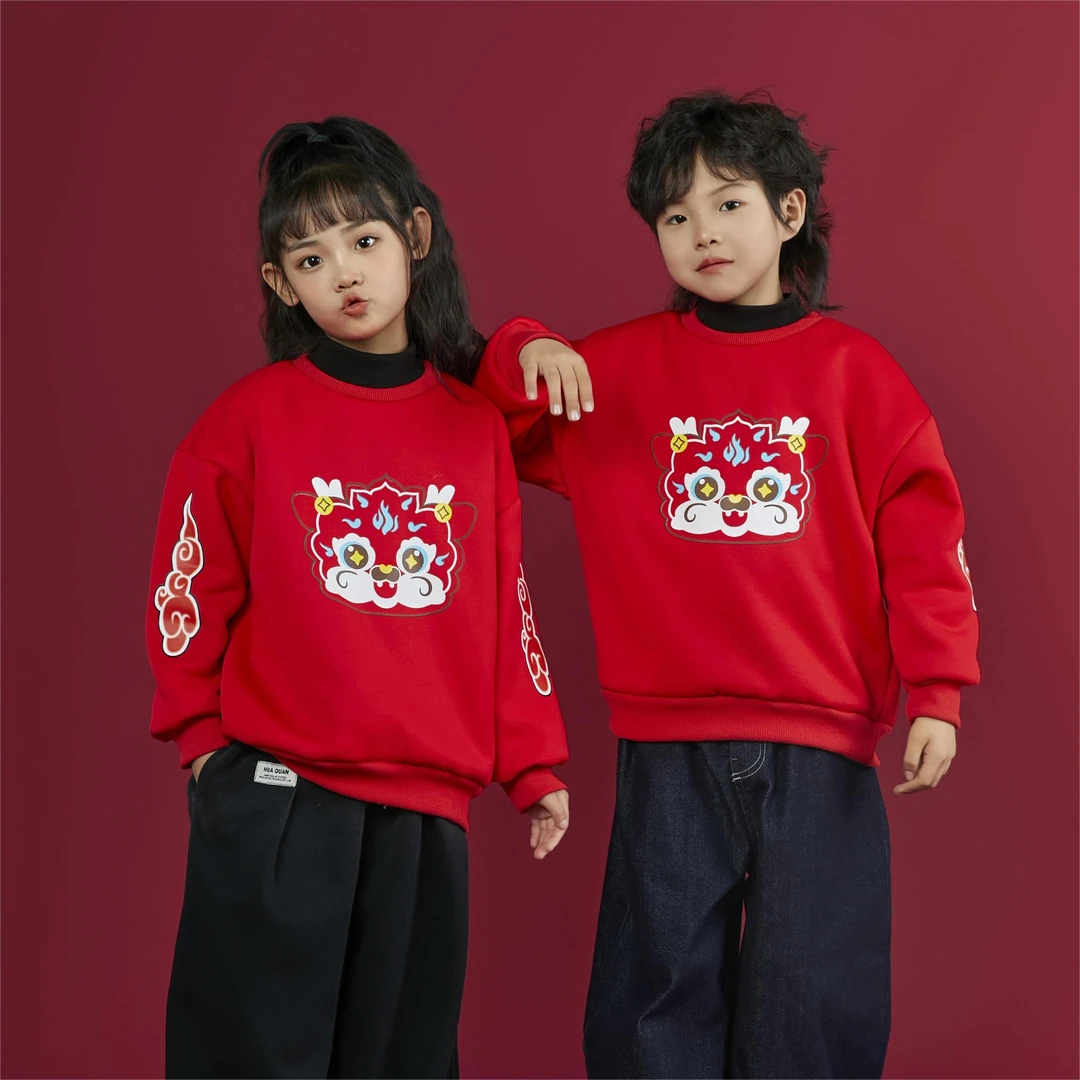 2024新款龙头中国风亲子装男女童红色加羊羔绒保暖卫衣国潮拜年服