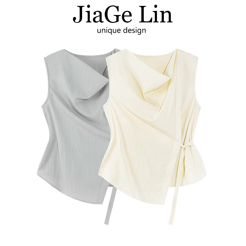 JiaGeLin韩系设计感开叉收腰系带衬衫女夏法式气质荡领无袖小上衣