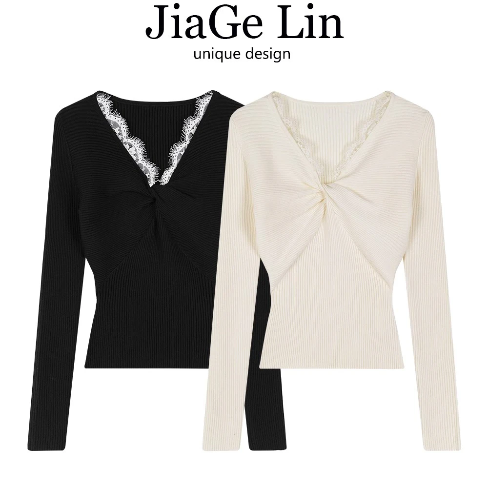 JiaGeLin法式蕾丝边V领针织衫女秋冬修身内搭打底衫气质扭结上衣