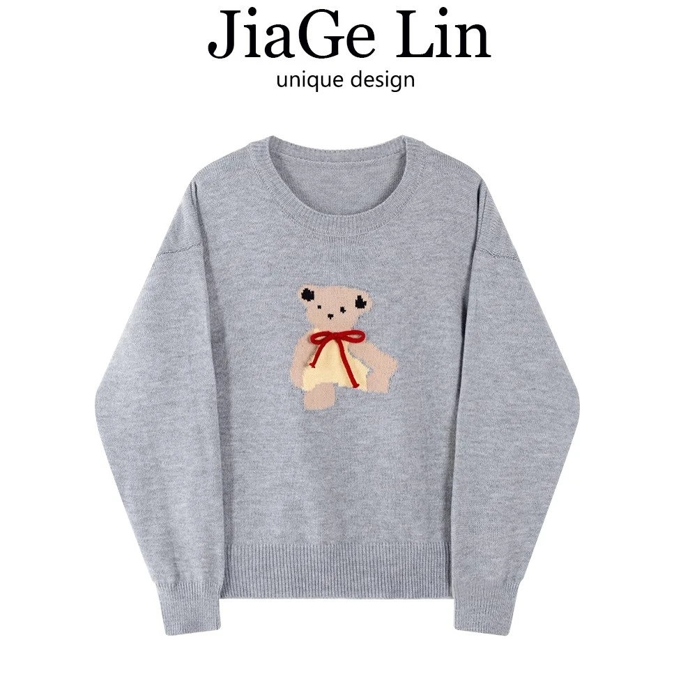 JiaGeLin韩系甜美可爱小熊提花圆领毛衣女秋冬季慵懒宽松针织上衣
