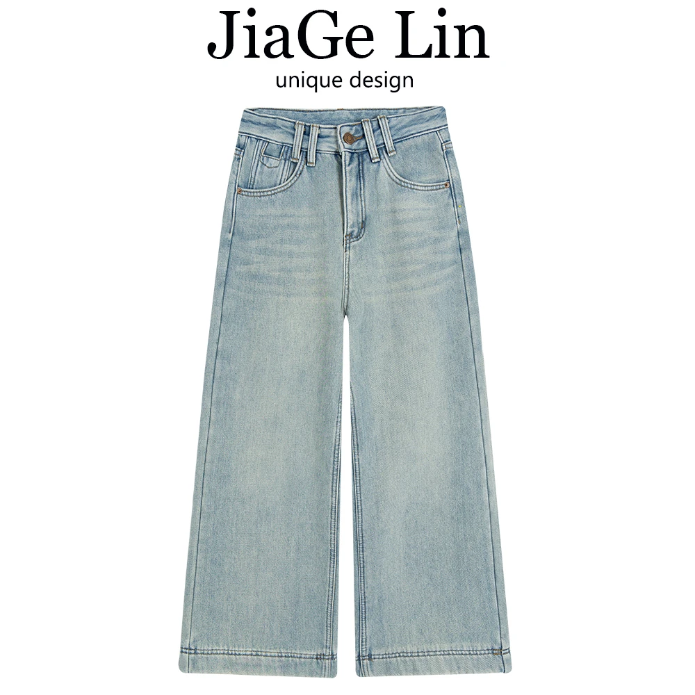 JiaGeLin浅蓝色复古高腰加绒牛仔裤女韩版宽松休闲阔腿直筒裤女士