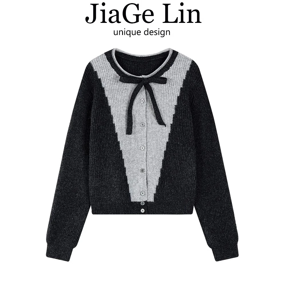JiaGeLin韩系学院风软糯毛衣女秋冬系带蝴蝶结针织开衫慵懒风外套