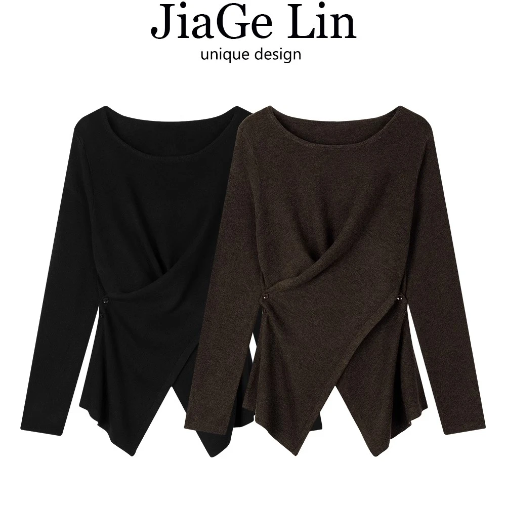 JiaGeLin韩系不规则下摆交叉显瘦打底衫女秋冬修身气质设计感上衣