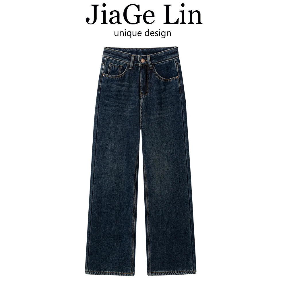 JiaGeLin2024新款复古高腰窄版加绒牛仔裤女秋冬季宽松显瘦直筒裤