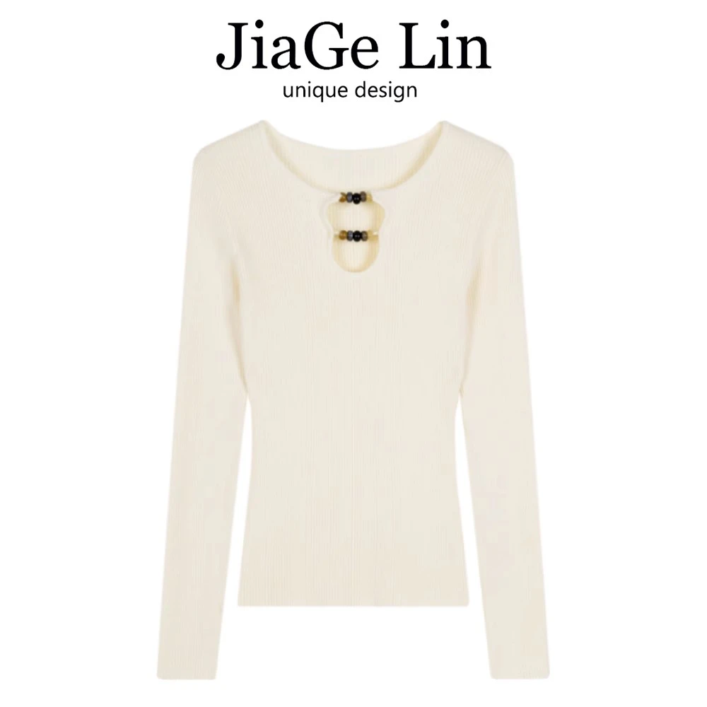 JiaGeLin小心机镂空串珠长袖针织衫女秋冬设计感别致内搭打底上衣