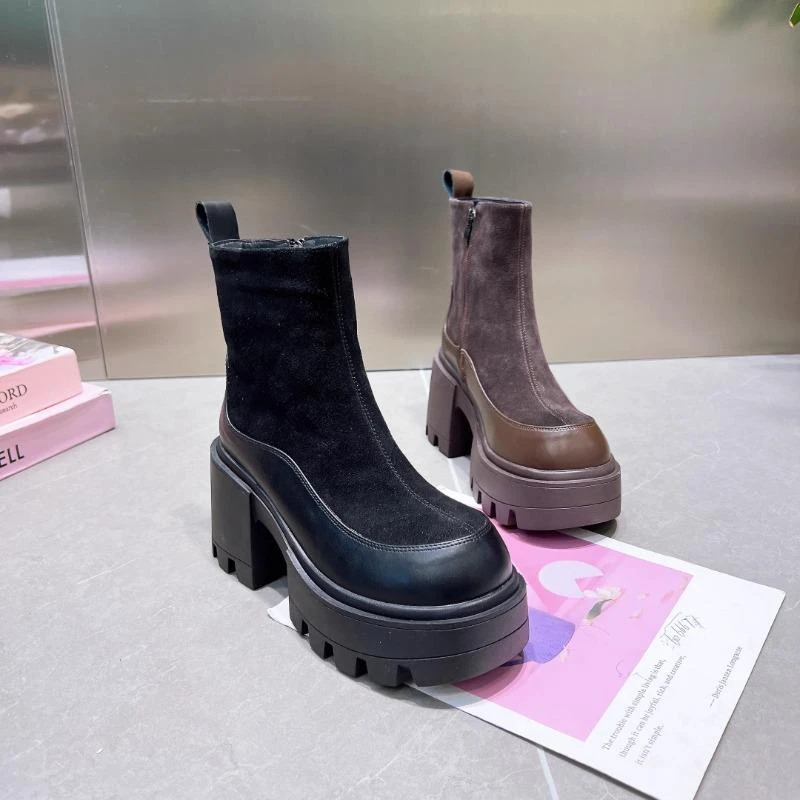 MAISOOMEKA百搭拼色厚底粗跟圆头加绒短靴黑色时尚高跟马丁靴女冬