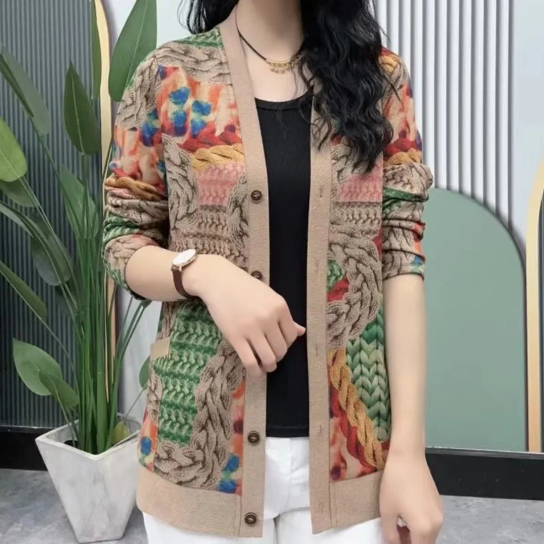 【莲心】春季新款链条印花针织开衫时尚百搭妈妈装减龄遮肉小外套