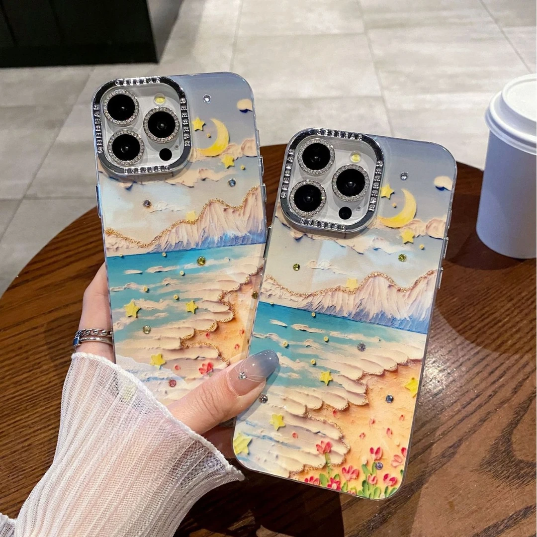油画月色沙滩适用iPhone15手机壳14pro苹果13镜头膜12/11蓝光滴胶