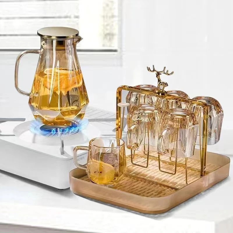 高档耐高温钻石高硼硅茶壶玻璃茶壶客厅水壶杯子杯架轻奢家用套装