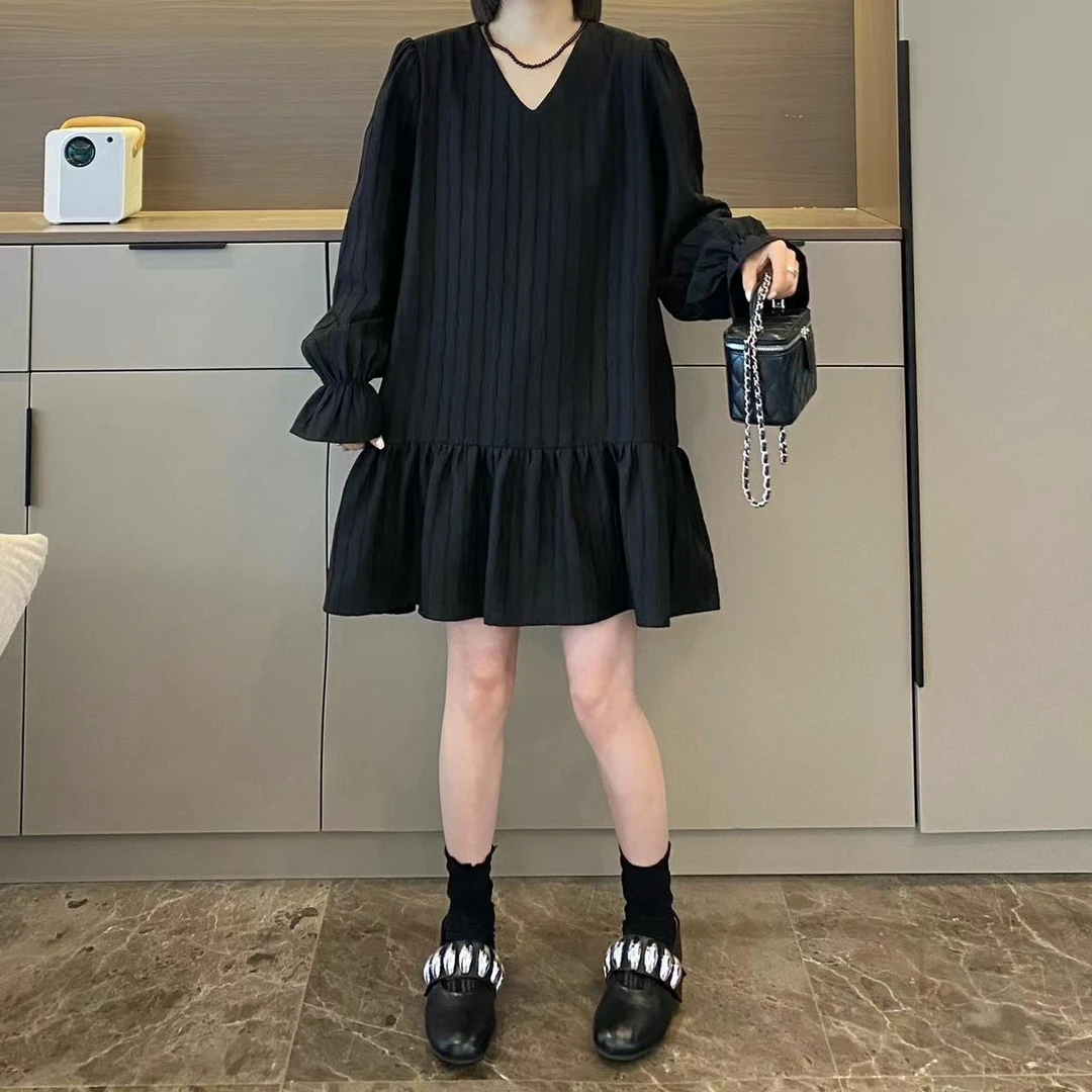 米可/MK-006【荷叶边~】春夏小众V领气质显瘦百搭长袖连衣裙