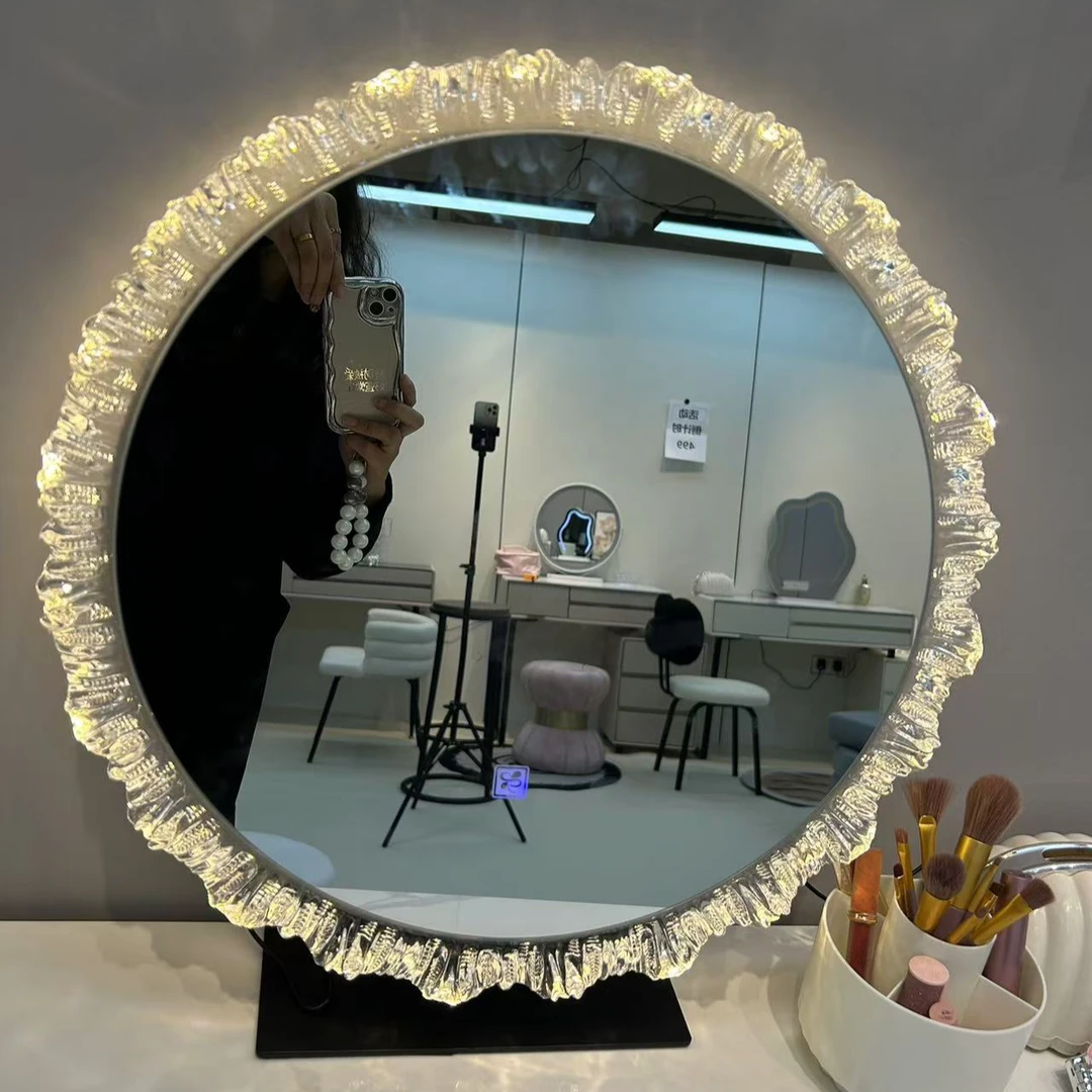 2024新款镜子太阳花镜子卧室拍照圆形带灯免打孔大号