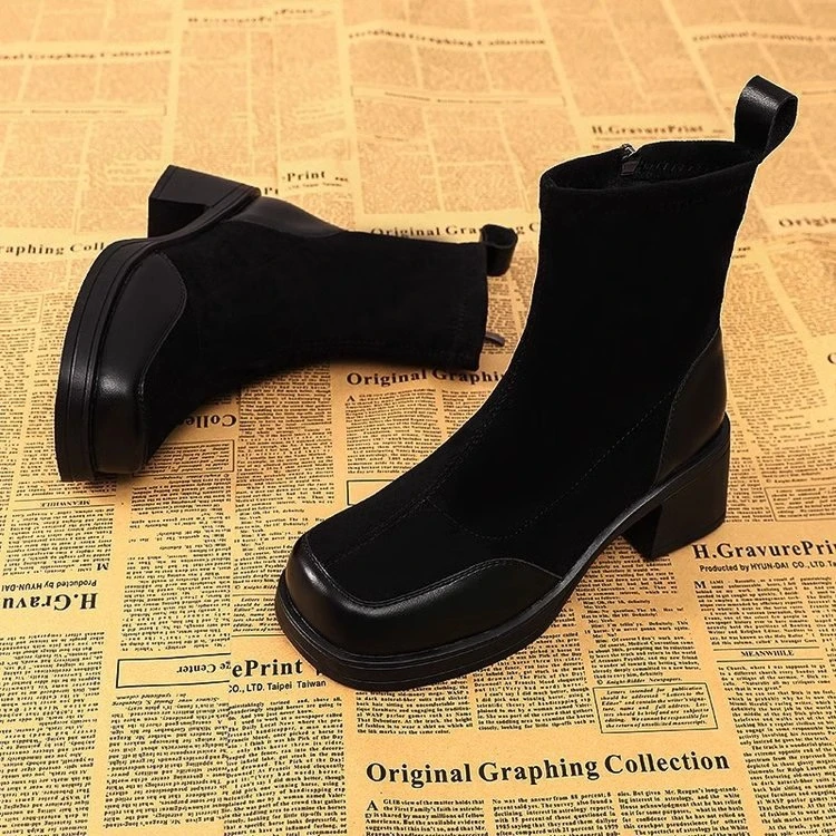 软皮高跟靴子女秋冬2024新款韩系小踝靴今年流行的洋气短靴瘦瘦靴