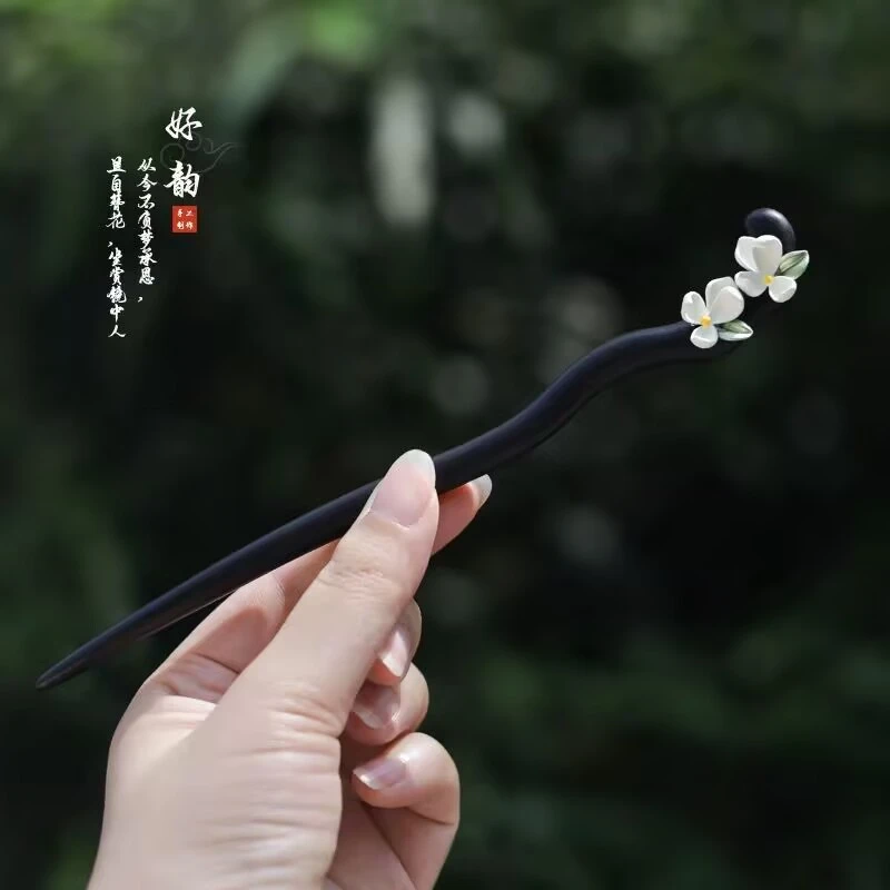 黑檀木沁心栀子花发簪上班通勤不伤发木簪高冷古风淡雅脱俗盘发簪